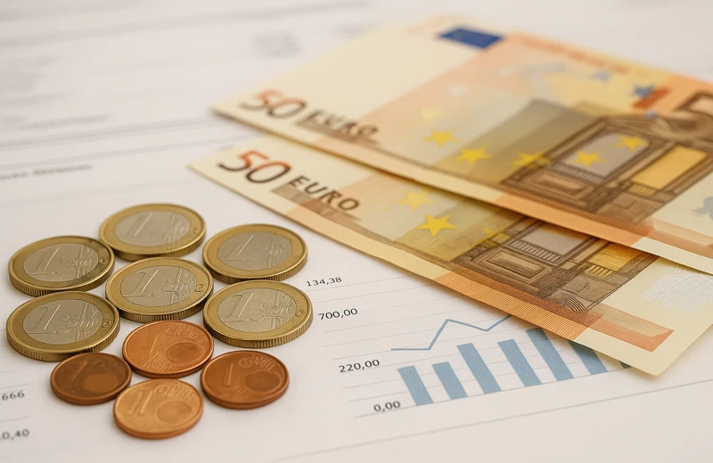 Euro kovanice i bar graf – obračun plaća i honorara